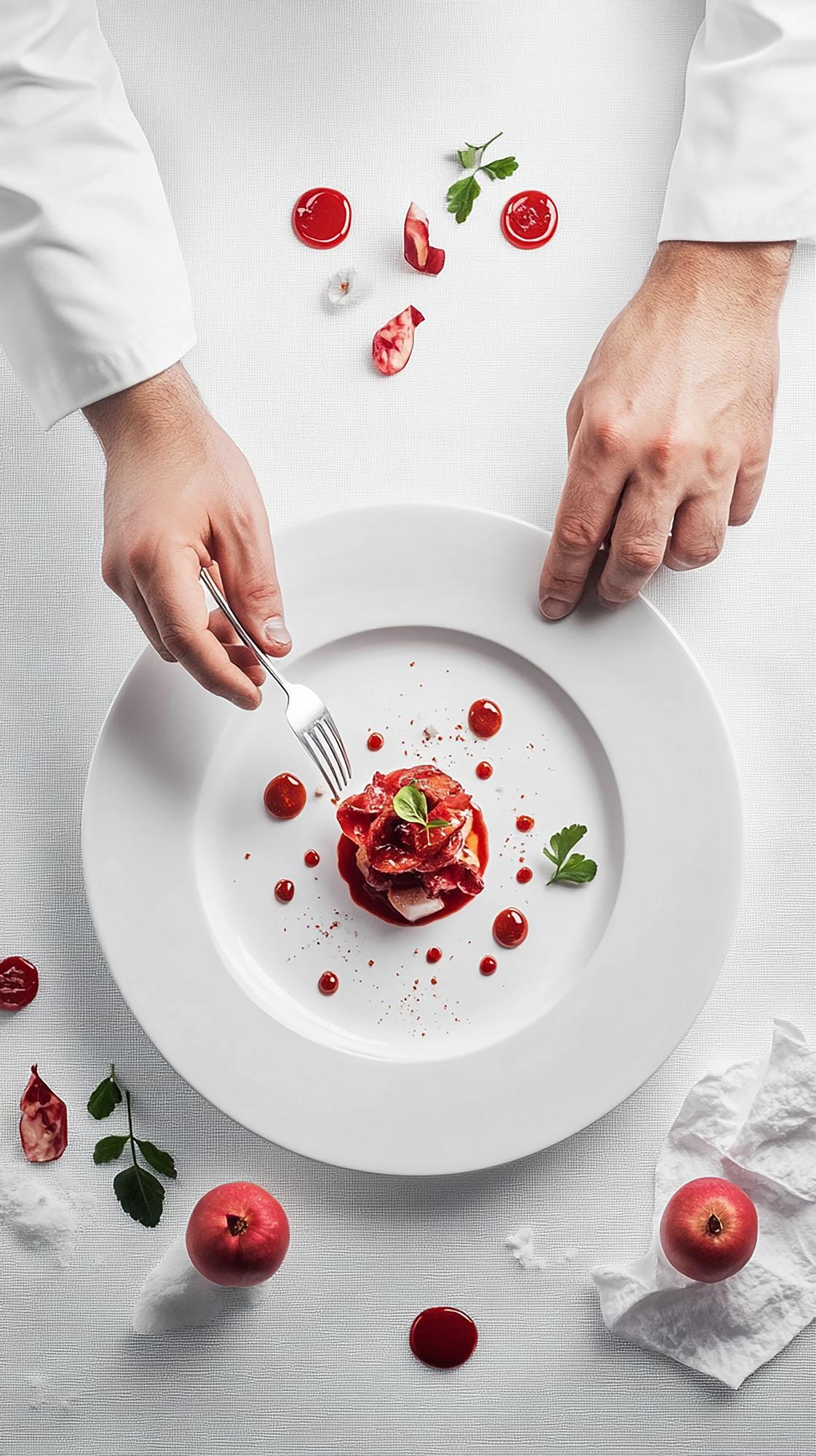 Chef arranging plated dish in studio